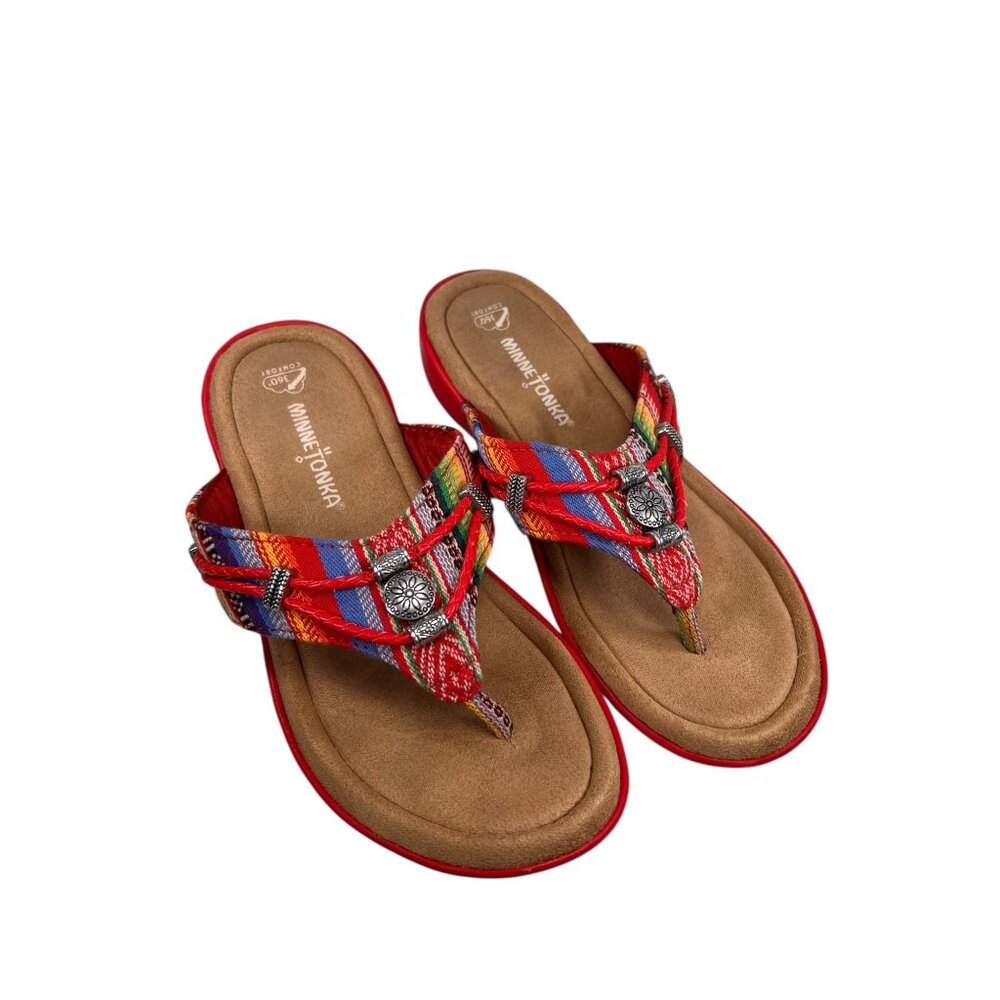 Minnetonka Red Leather Beaded Sandals Flip Flops Thongs 7M Womens Wedge Heel - Picture 2 of 12